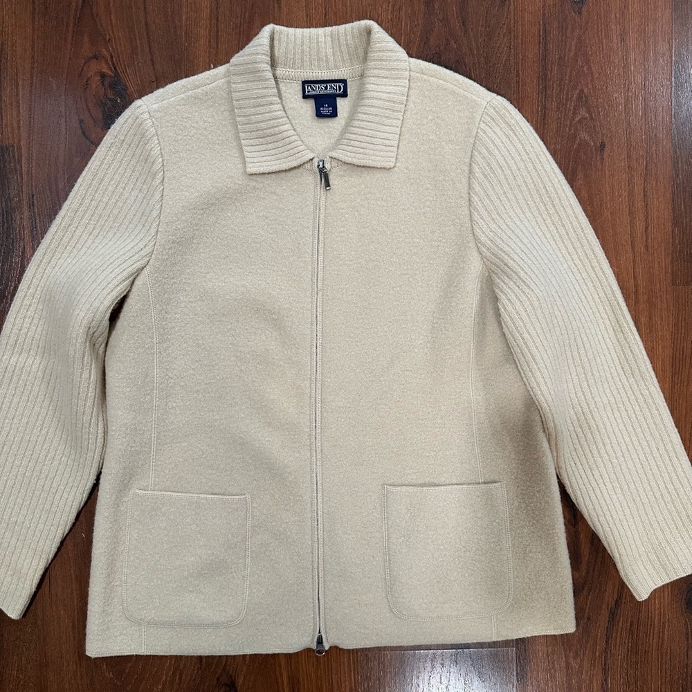 Lands’end Vintage Beige 100% Wool Zip Up Jacket Size 14